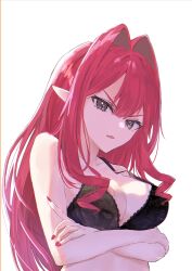 1girl baobhan_sith_(fate) black_bra bra breasts crossed_arms fate/grand_order fate_(series) frown grey_eyes hair_intakes highres kei201107 lace lace_bra large_breasts long_hair pointy_ears red_hair red_nails underwear