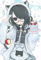 Rule 34 | 1girl, animal ears, apple, apron, black eyes, black hair, cake, cat ears, confetti, decorations, food, fruit, glasses, hair over one eye, headphones, headphones around neck, highres, jacket, looking at viewer, maid headdress, medium hair, open clothes, open jacket, open mouth, original, ppj705904378810, smile, solo, strawberry, upper body, v