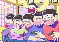 Rule 34 | 10s, 6+boys, animated, animated gif, blush, brothers, brown hair, closed eyes, hand on own stomach, heart, heart in mouth, hood, hoodie, indian style, jitome, laughing, male focus, matsuno choromatsu, matsuno ichimatsu, matsuno jyushimatsu, matsuno karamatsu, matsuno osomatsu, matsuno todomatsu, messy hair, multiple boys, osomatsu-kun, osomatsu-san, osomatsu (series), sextuplets, show chiku-by, siblings, sitting, sleeves past wrists, sleeves rolled up, ugoira