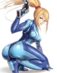 Rule 34 | 1girl, abs, arm support, arm up, armpit crease, ass, blonde hair, blue bodysuit, bodysuit, breasts, collarbone, finger on trigger, full body, gonzarez, green eyes, gun, hair between eyes, hair tie, handgun, high heels, high ponytail, highres, holding, holding gun, holding weapon, impossible bodysuit, impossible clothes, knees, large breasts, lips, long hair, looking away, looking to the side, metroid, metroid: other m, metroid: zero mission, mole, mole under mouth, nintendo, nose, nostrils, parted lips, pink lips, ribs, samus aran, shadow, shiny clothes, sidelocks, simple background, skin tight, solo, swept bangs, teeth, thick thighs, thighs, v-shaped eyebrows, weapon, white background, zero suit