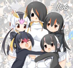 Rule 34 | 5girls, bird tail, black hair, black jacket, blonde hair, blush, breasts, brown eyes, closed mouth, commentary request, cowboy shot, emperor penguin (kemono friends), gentoo penguin (kemono friends), hair between eyes, hair over one eye, headphones, highres, hug, humboldt penguin (kemono friends), jacket, kemono friends, large breasts, lets0020, long bangs, long hair, looking at another, low twintails, medium bangs, medium breasts, multicolored hair, multiple girls, numbered, one-piece swimsuit, one eye closed, open mouth, orange eyes, orange hair, penguins performance project (kemono friends), pink hair, pleated skirt, red eyes, red hair, rockhopper penguin (kemono friends), royal penguin (kemono friends), short hair, skirt, smile, streaked hair, swimsuit, tail, thighhighs, twintails, white hair, white one-piece swimsuit, white skirt, white thighhighs