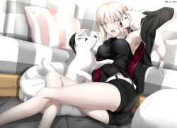 Rule 34 | 1girl, absurdres, artoria pendragon (all), artoria pendragon (fate), ass, black camisole, black jacket, black ribbon, black shorts, blonde hair, blush, breasts, camisole, cavall the 2nd, cleavage, collarbone, couch, dog, fate/grand order, fate/stay night, fate (series), foo (pixiv54892036), hair ribbon, highres, jacket, long hair, long sleeves, looking at viewer, low ponytail, medium breasts, official alternate costume, open clothes, open jacket, open mouth, ribbon, saber alter, saber alter (ver. shinjuku 1999) (fate), short shorts, shorts, sidelocks, sitting, thighs, yellow eyes