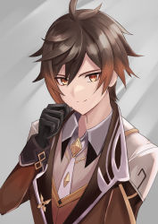 Rule 34 | 1boy, ahoge, bad id, bad pixiv id, black gloves, brown hair, brown jacket, brown vest, closed mouth, collared jacket, collared shirt, commentary request, crystal, genshin impact, gloves, gradient hair, grey background, grey shirt, hair between eyes, hand on own face, hand up, highres, jacket, jewelry, kenjun, long hair, long sleeves, looking at viewer, multicolored eyes, multicolored hair, orange hair, ponytail, red eyes, shirt, simple background, smile, solo, standing, v-shaped eyebrows, vest, yellow eyes, zhongli (genshin impact)