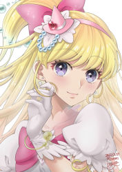 Rule 34 | 1girl, asahina mirai, blonde hair, bow, bracelet, cure miracle, dated, dress, earrings, gloves, hat, jewelry, lips, long hair, magical girl, mahou girls precure!, mini hat, mini witch hat, minnmibouya, pink bow, pink dress, pink hat, precure, puffy short sleeves, puffy sleeves, purple eyes, short sleeves, side ponytail, smile, solo, twitter username, upper body, white gloves, witch hat