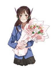 Rule 34 | 1girl, animal print, bad id, bad twitter id, black skirt, blue coat, blush, bouquet, brown eyes, brown hair, coat, collared shirt, commentary request, d.va (overwatch), facepaint, facial mark, flower, formal, headset, highres, holding, holding bouquet, korean text, light smile, long hair, long sleeves, looking at viewer, mo (ine mao), overwatch, overwatch 1, rabbit print, shirt, simple background, sketch, skirt, skirt suit, solo, suit, swept bangs, whisker markings, white background