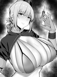 Rule 34 | 1girl, absurdres, arind yudha, blush, breasts, cleavage, closed mouth, fate/grand order, fate (series), florence nightingale (fate), florence nightingale (trick or treatment) (fate), gloves, greyscale, hair ribbon, hat, highres, holding, holding syringe, large breasts, long braid, long hair, monochrome, nurse, revealing clothes, ribbon, shrug (clothing), sidelocks, solo, syringe