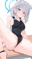 Rule 34 | 1girl, animal ear fluff, animal ears, black one-piece swimsuit, blue archive, blue eyes, blush, breasts, cameltoe, competition swimsuit, covered navel, cross hair ornament, extra ears, grey hair, hair ornament, halo, highres, looking at viewer, medium breasts, medium hair, mikozin, mismatched pupils, multicolored clothes, official alternate costume, one-piece swimsuit, ponytail, shiroko (blue archive), shiroko (swimsuit) (blue archive), solo, spread legs, swimsuit, wet, white background, wolf ears