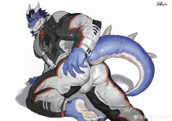 Rule 34 | 1boy, absurdres, ass, bara, black bodysuit, bodysuit, bulge, come hither, dragon boy, dragon horns, dragon tail, feet out of frame, from behind, furry, furry male, highres, horns, large hands, large pectorals, looking at viewer, male focus, mature male, muscular, muscular male, original, pectorals, presenting, run (arun six), seductive smile, smile, solo, tail, thick eyebrows, thick thighs, thighs