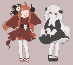 Rule 34 | 2girls, bat hair ornament, black dress, black eyes, black footwear, closed eyes, closed mouth, crystal hair ornament, dress, funamusea, gloves, grey background, grey eyes, hair ornament, highres, index fingers raised, internet yamero, japanese clothes, kimono, long hair, long sleeves, looking to the side, multiple girls, needy girl overdose, open mouth, orange footwear, orange hair, pointing, pointing down, pointing up, saljerjelly, sandals, shy, silhouette (funamusea), simple background, skull, skull (funamusea), skull hair ornament, swept bangs, thighhighs, torn clothes, torn kimono, white hair, white thighhighs, wide sleeves
