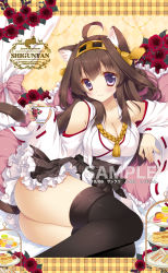Rule 34 | 10s, 1girl, ahoge, animal ears, ass, bad id, bad pixiv id, bare shoulders, blush, boots, breasts, brown hair, cake, cat ears, cat tail, cleavage, cup, detached sleeves, flower, food, frilled skirt, frills, hairband, japanese clothes, kantai collection, kemonomimi mode, kongou (kancolle), large breasts, long hair, looking at viewer, macaron, miniskirt, pastry, personification, purple eyes, ribbon-trimmed sleeves, ribbon trim, rose, sample watermark, sandwich, shigunyan, skirt, smile, solo, tail, teacup, thigh boots, thighhighs, tiered serving stand, tiered tray, watermark, wide sleeves