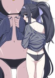 Rule 34 | 1girl, ass, back, bags under eyes, bikini, black bikini, black hair, blue archive, blue eyes, blue hairband, blush, breasts, cardigan, grey cardigan, hairband, halo, highres, jewelry, kumadano, long hair, looking at viewer, looking back, multiple views, necklace, open cardigan, open clothes, open mouth, ponytail, profile, simple background, small breasts, sweat, swimsuit, ui (blue archive), ui (swimsuit) (blue archive), very long hair, white background
