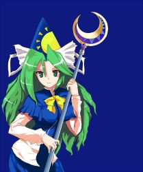 Rule 34 | 1girl, alphes (style), bow, breasts, crescent, crescent moon, female focus, green eyes, green hair, hat, large breasts, long hair, matching hair/eyes, mima (touhou), moon, parody, ribbon, simple background, smile, solo, staff, style parody, sun symbol, touhou, touhou (pc-98), wizard hat