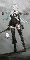 Rule 34 | 1girl, bare shoulders, black footwear, black gloves, black shorts, black thighhighs, boots, breasts, character request, commentary request, covered navel, dutch angle, frenlyse, full body, ghost costume, gloves, grey hair, highres, holding, holding weapon, long hair, looking to the side, mama (nier), medium breasts, nier:automata, nier (series), nier reincarnation, prosthesis, reoen, shorts, signature, solo, standing, thigh boots, thighhighs, weapon