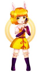 Rule 34 | 1girl, absurdres, armor, blonde hair, bloomers, boots, chibi, double bun, dungeon toaster, gauntlets, hair bun, highres, joutouguu mayumi, knee boots, looking at viewer, puffy short sleeves, puffy sleeves, purple footwear, round teeth, short hair, short sleeves, skirt, smile, solo, teeth, touhou, transparent background, underwear, wily beast and weakest creature, yellow eyes, yellow skirt
