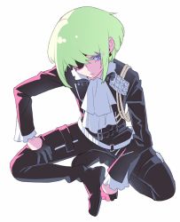 Rule 34 | bad id, bad twitter id, belt, biker clothes, black gloves, black jacket, ascot, earrings, eyepatch, ff rchu, frilled shirt collar, frilled sleeves, frills, gloves, green hair, half gloves, highres, jacket, jewelry, lio fotia, looking at viewer, male focus, multiple belts, promare, purple eyes, sitting, solo