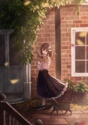 Rule 34 | 1girl, absurdres, apple, bag, baguette, black bow, black cat, black footwear, black skirt, bow, bread, brown hair, cat, day, food, fruit, grocery bag, hair bow, hair ornament, hairclip, highres, hololive, house, long hair, long sleeves, outdoors, plant, potted plant, shoes, shopping bag, siruru0503, skirt, star (symbol), star hair ornament, tokino sora, tokino sora (casual), virtual youtuber, white bow, window