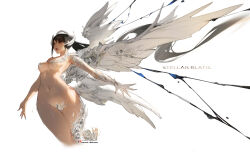 1girl absurdres black_eyes black_hair breasts commentary copyright_name english_commentary eve_(stellar_blade) gloves highres hu_dako long_hair medium_breasts navel nude open_mouth outstretched_arms patreon_logo patreon_username simple_background solo stellar_blade white_background white_gloves wings