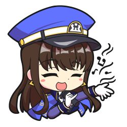 Rule 34 | 1girl, :d, blue jacket, blue necktie, blush, brown hair, chibi, closed eyes, collared shirt, diesel (nikke), doraneco mas, earrings, gloves, goddess of victory: nikke, hair between eyes, hat, jacket, jacket on shoulders, long hair, military hat, military jacket, military uniform, music, musical note, necktie, open clothes, open jacket, open mouth, peaked cap, shirt, sidelocks, singing, smile, solo, striped necktie, triangle earrings, uniform, white gloves, white shirt