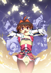 Rule 34 | 00s, 3girls, 5boys, amelia wil tesla seyruun, brown hair, cape, cosplay, frown, gloves, gourry gabriev, hyouju issei, lina inverse, looking at viewer, multiple boys, multiple girls, open mouth, ozel, pantyhose, sky, slayers, slayers revolution, tsukiyo-b, x arms, zelgadiss graywords