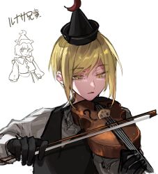 Rule 34 | 1girl, black gloves, black hat, black vest, blonde hair, bow (music), closed mouth, collared shirt, commentary request, crescent, crescent hat ornament, fuuga (perv rsity), gloves, hair between eyes, hands up, hat, hat ornament, highres, holding, holding bow (music), holding instrument, holding violin, instrument, long sleeves, looking at object, looking at viewer, looking down, lunasa prismriver, music, open mouth, playing instrument, puffy long sleeves, puffy sleeves, shirt, short hair, sidelocks, simple background, solo, standing, touhou, upper body, v-shaped eyebrows, vest, violin, white background, white shirt, zun (style)