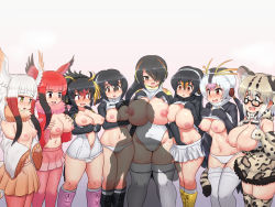Rule 34 | 6+girls, animal ears, antenna hair, arm under breasts, asymmetrical docking, between breasts, bird tail, bird wings, black hair, blonde hair, blunt bangs, blush, boots, breast press, breasts, brown eyes, curvy, drooling, elbow gloves, emperor penguin (kemono friends), empty eyes, extra ears, feet out of frame, fingering, flashing, fur collar, furrowed brow, gentoo penguin (kemono friends), glasses, gloves, groin, hair between eyes, hair over one eye, hand on own chest, hands on own chest, head wings, headphones, height difference, highleg, highleg leotard, highres, huge breasts, humboldt penguin (kemono friends), jacket, japanese crested ibis (kemono friends), kemono friends, large breasts, leotard, long hair, long sleeves, looking at another, margay (kemono friends), medium breasts, medium hair, miniskirt, mo23, mouth drool, multiple girls, navel, nipples, no bra, nose blush, open clothes, open mouth, open shirt, orange hair, panties, pantyhose, partially unzipped, penguin tail, penguins performance project (kemono friends), pleated skirt, red eyes, red hair, red legwear, rockhopper penguin (kemono friends), royal penguin (kemono friends), scarlet ibis (kemono friends), shirt, sidelocks, silhouette, skirt, sleeveless, sleeveless shirt, small breasts, smile, standing, stomach, sweat, tail, thick thighs, thighhighs, thighs, unaligned breasts, underwear, white hair, wide hips, wide sleeves, wings, yellow eyes, zipper