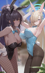 Rule 34 | 2girls, animal ears, armpits, arms up, asuna (blue archive), asuna (bunny) (blue archive), black hair, black leotard, black pantyhose, blue archive, blue bow, blue bowtie, blue eyes, blue leotard, blue ribbon, blurry, blurry background, bow, bowtie, breasts, chilakkk, cleavage, closed mouth, dark-skinned female, dark skin, detached collar, fake animal ears, fake tail, fishnet pantyhose, fishnets, gloves, hair over one eye, hair ribbon, halo, highres, karin (blue archive), karin (bunny) (blue archive), large breasts, leotard, long hair, looking at another, looking at viewer, multiple girls, official alternate costume, pantyhose, ponytail, rabbit ears, rabbit tail, ribbon, smile, standing, tail, twitter username, white gloves, yellow eyes