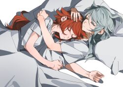 Rule 34 | 2girls, closed eyes, closed mouth, commentary, freckles, grey hair, hand on another&#039;s arm, hand on another&#039;s back, hand on another&#039;s head, head on chest, highres, hug, long hair, molu stranger, multiple girls, on bed, pajamas, pillow, red hair, reverse:1999, shirt, short sleeves, sleeping, sonetto (reverse:1999), under covers, vertin (reverse:1999), white background, white shirt, yuri