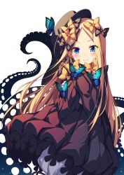 Rule 34 | 1girl, abigail williams (fate), black bow, black dress, black hat, blonde hair, bloomers, blue eyes, blush, bow, bug, butterfly, closed mouth, dress, fate/grand order, fate (series), forehead, hair bow, hat, highres, insect, long hair, long sleeves, looking at viewer, orange bow, parted bangs, polka dot, polka dot bow, simple background, sleeves past fingers, sleeves past wrists, smile, solo, tentacles, ugume, underwear, white background, white bloomers