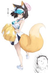 Rule 34 | 1girl, animal ear fluff, animal ears, blue archive, blue skirt, breasts, brown eyes, brown hair, cheerleader, cleavage, doodle sensei (blue archive), fox ears, fox girl, fox tail, from behind, full body, halo, highres, inre kemomimi, izuna (blue archive), kneepits, legs, looking back, midriff, miniskirt, one side up, pom pom (cheerleading), sensei (blue archive), shoes, short hair, simple background, skirt, solo, sports bra, tail, two-tone skirt, visor cap, white background, white footwear, white skirt, white sports bra
