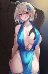 Rule 34 | 1boy, 1girl, ahoge, blonde hair, blue dress, blue eyes, blush, borrowed character, breasts, breath, commentary request, cowboy shot, dress, earrings, flower, grabbing, grabbing another&#039;s breast, hair flower, hair ornament, head out of frame, highres, jewelry, kutan, large breasts, medium hair, nail polish, necklace, original, revealing clothes, skindentation, smile, sophia f shirring, wide hips