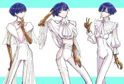 Rule 34 | 1other, absurdres, adapted costume, arm at side, ascot, blue eyes, blue hair, bowl cut, closed mouth, clothing cutout, contrapposto, cowboy shot, crop top, earrings, frilled shirt collar, frills, golden arms, hand in own hair, hand up, head tilt, heterochromia, high-waist pants, highres, hip vent, houseki no kuni, itabasami, jewelry, long sleeves, looking to the side, midriff, moon uniform (houseki no kuni), multiple views, other focus, pants, parted lips, phosphophyllite, phosphophyllite (ll), plunging neckline, puffy long sleeves, puffy sleeves, revealing clothes, see-through, see-through sleeves, short hair, short sleeves, shoulder cutout, smile, spoilers, w, white ascot, white background, white eyes, white pants, wide sleeves
