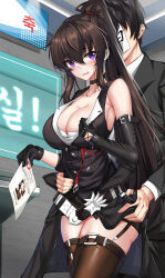Rule 34 | 1boy, 1girl, absurdres, asymmetrical gloves, bare shoulders, belt, black hair, blush, breasts, brown hair, choker, cleavage, counter:side, elbow gloves, elze (s01047480836), formal, garter straps, gloves, highres, large breasts, long hair, mismatched gloves, purple eyes, sleeveless, suit, thighhighs, very long hair, yoo mina
