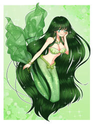 Rule 34 | 1girl, absurdres, armlet, bare shoulders, bracelet, breasts, cleavage, closed mouth, commentary, earrings, green background, green eyes, green hair, hand up, highres, jewelry, long hair, looking at viewer, lpp bitshies, medium breasts, mermaid, mermaid melody pichi pichi pitch, monster girl, navel, necklace, pearl necklace, shell, shell bikini, shell necklace, smile, solo, sparkle, stomach, tail, tail ornament, touin rina, touin rina (mermaid), very long hair