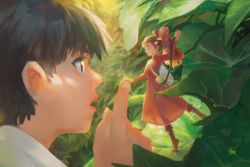 Rule 34 | 1boy, 1girl, absurdres, arrietty, black hair, drawing, eye contact, from side, highres, huge filesize, karigurashi no arrietty, long hair, looking at another, mini person, minigirl, nham nguyen, open mouth, painterly, painting (action), plant, ponytail, red hair, shou (karigurashi no arrietty), vines
