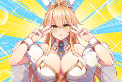 Rule 34 | 1girl, ahoge, animal ears, artoria pendragon (all), artoria pendragon (fate), artoria pendragon (swimsuit ruler) (fate), bare shoulders, blonde hair, blue background, blue necktie, blush, breasts, cleavage, detached collar, double v, emotional engine - full drive, fake animal ears, fate/grand order, fate (series), feather boa, green eyes, hair between eyes, hands up, large breasts, leotard, long hair, looking at viewer, mou tama maru, necktie, open mouth, parody, playboy bunny, ponytail, rabbit ears, sidelocks, solo, sparkle, striped, striped background, tiara, two-tone background, v, white leotard, wrist cuffs, yellow background