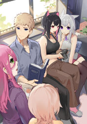 Rule 34 | 1boy, 4girls, :d, akizone, bare arms, bare shoulders, black hair, black pants, black thighhighs, blonde hair, blue eyes, book, breasts, brown pants, camera, cleavage, couch, cup, day, final fantasy, final fantasy xiv, green eyes, grey hair, grey shirt, highres, holding, holding camera, indoors, large breasts, multiple girls, open book, open mouth, pants, pillow, pink hair, purple eyes, reading, red eyes, shirt, short hair, sitting, smile, sweater, thighhighs, warrior of light (ff14), window