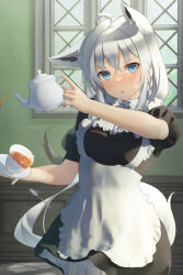Rule 34 | 1girl, :o, ahoge, alternate costume, animal ear fluff, animal ears, blush, braid, commentary request, cup, earrings, enmaided, fox ears, fox girl, green eyes, hair between eyes, highres, holding, holding cup, holding teapot, hololive, indoors, jewelry, long hair, looking at viewer, maid, shirai yu, shirakami fubuki, sidelocks, single braid, solo, teapot, virtual youtuber, white hair