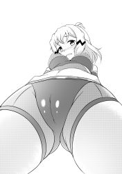 Rule 34 | 1girl, absurdres, aimo (aimo1214), blush, breasts, cameltoe, cleft of venus, covered erect nipples, greyscale, highres, looking at viewer, looking down, medium breasts, midriff, monochrome, navel, open mouth, senki zesshou symphogear, smile, solo, tachibana hibiki (symphogear)