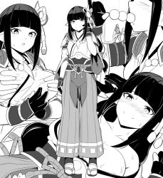 Rule 34 | 1girl, bare shoulders, blunt bangs, blush, grabbing another&#039;s breast, breasts, cleavage, collarbone, dango, eating, fewer digits, food, gloves, grabbing, grabbing from behind, greyscale, hair ornament, hakama, hakama pants, hinoa, japanese clothes, large breasts, long hair, long sleeves, looking at viewer, monochrome, monster hunter (series), monster hunter rise, multiple views, off shoulder, pants, pointy ears, shiseki hirame, sidelocks, smile, wagashi, wide sleeves