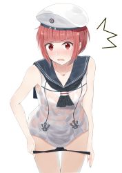 Rule 34 | 10s, 1girl, ^^^, absurdres, bare shoulders, brown hair, clothes writing, dress, eyebrows, hat, heart lock (kantai collection), highres, jewelry, kanikou, kantai collection, leaning forward, necklace, no pants, open mouth, panties, panty pull, sailor collar, sailor dress, sailor hat, simple background, sleeveless, solo, underwear, undressing, wet, wet clothes, white background, white dress, white hat, z3 max schultz (kancolle)