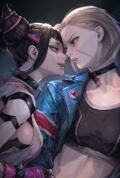 Rule 34 | 2girls, blonde hair, blue eyes, blue jacket, cammy white, crop top, eye contact, facial scar, hair horns, han juri, highres, jacket, looking at another, miche, multicolored hair, multiple girls, open mouth, pendant choker, purple hair, revision, scar, scar on cheek, scar on face, smile, streaked hair, street fighter, street fighter 6, upper body, yuri