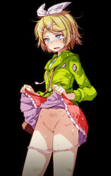 Rule 34 | 1girl, black background, blonde hair, censored, clothes lift, crying, embarrassed, female focus, hair ornament, hairclip, highres, kagamine rin, lifting own clothes, mosaic censoring, open mouth, presenting, project diva (series), pussy, short hair, simple background, skirt, skirt lift, solo, tears, tsukishiro saika, vocaloid