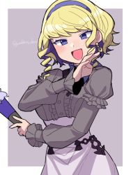Rule 34 | 1girl, blonde hair, blush, buttons, constance von nuvelle, do m kaeru, dress, drill hair, earrings, fire emblem, fire emblem: three houses, frills, grey dress, hand fan, headband, high-waist skirt, holding, holding fan, jewelry, juliet sleeves, laughing, long sleeves, looking at viewer, multicolored hair, nintendo, ojou-sama pose, open mouth, puffy sleeves, purple hair, purple headband, purple neckwear, short hair, sidelocks, skirt, solo, twitter username, two-tone hair, upper body, white skirt