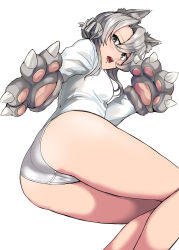 Rule 34 | 1girl, absurdres, animal ears, animal hands, ass, asymmetrical hair, claws, cowboy shot, flipped hair, from below, gloves, grey eyes, highres, kantai collection, leotard, looking at viewer, nowaki (kancolle), paw gloves, silver hair, simple background, solo, swept bangs, tail, uni (uni-strain), white background, white leotard, wolf ears, wolf tail