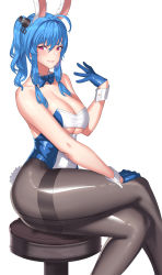 Rule 34 | 1girl, ahoge, animal ears, azur lane, bare shoulders, blue hair, breasts, cleavage, detached collar, franham, hair ornament, highres, large breasts, leotard, long hair, looking at viewer, pantyhose, rabbit ears, rabbit girl, rabbit tail, red eyes, revision, shiny skin, simple background, sitting, smile, solo, st. louis (azur lane), tail, underboob, wrist cuffs