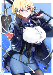 Rule 34 | 1girl, ammunition pouch, black jacket, black pantyhose, blonde hair, blue background, blue eyes, blue skirt, blush, breasts, expressionless, girls&#039; frontline, gun, hair ornament, highres, holding, holding gun, holding weapon, id card, jacket, large breasts, looking at viewer, meetnox, mole, mole under eye, open clothes, open jacket, pantyhose, pencil skirt, pouch, rifle, russian flag, short hair, skirt, sniper rifle, snowflake hair ornament, solo, suppressor, target, two-tone background, v, vsk-94, vsk-94 (girls&#039; frontline), weapon, white background