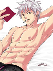 Rule 34 | abs, armpits, book, cigarette, earrings, hirohide, jewelry, male focus, muscular, red eyes, shorts, underwear, white hair