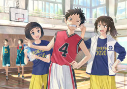 Rule 34 | 2girls, 3boys, basketball court, basketball hoop, basketball uniform, black hair, blue eyes, blunt bangs, blush, brown eyes, brown hair, grabbing another&#039;s ear, grimace, hand on another&#039;s ear, high five, highres, hood, hoodie, indoors, light particles, light rays, long hair, multiple boys, multiple girls, open mouth, original, ponytail, short hair, sky, smile, sports drink, sportswear, taka (tsmix), towel, towel around neck, tree, window