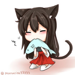 Rule 34 | 10s, 1girl, :&gt;, akagi (kancolle), animal ears, armor, bad id, bad pixiv id, brown hair, cat ears, cat tail, chibi, eating, closed eyes, fish, japanese clothes, kantai collection, kemonomimi mode, long hair, lowres, muneate, solo, tail, thighhighs, translated, yonerinoko (banberabu)