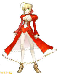 Rule 34 | 00s, 10s, 1girl, ahoge, armor, blonde hair, dress, epaulettes, fate/extra, fate/stay night, fate (series), gold trim, greaves, green eyes, hair intakes, lowres, nero claudius (fate), nero claudius (fate) (all), nero claudius (fate/extra), official art, panties, see-through, solo, underwear, wada arco, watermark, white panties